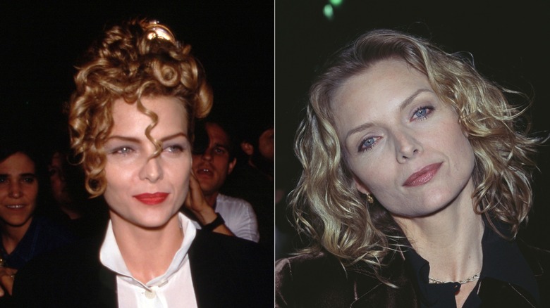 Side-by-side images of Michelle Pfeiffer with curly hair