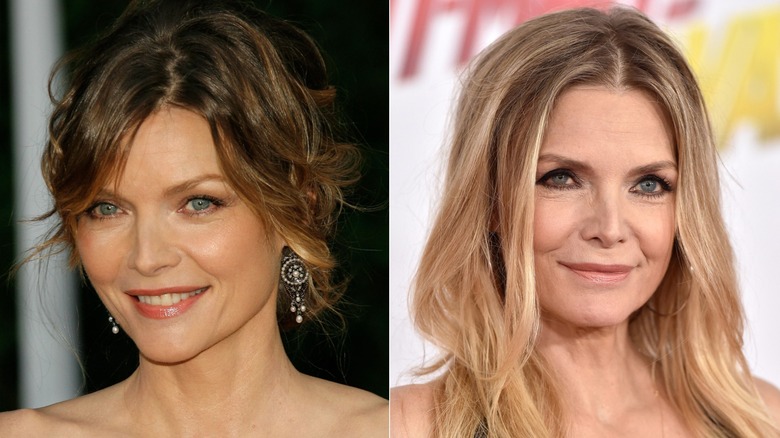 Side-by-side images of Michelle Pfeiffer with dark blond hair and light blond hair