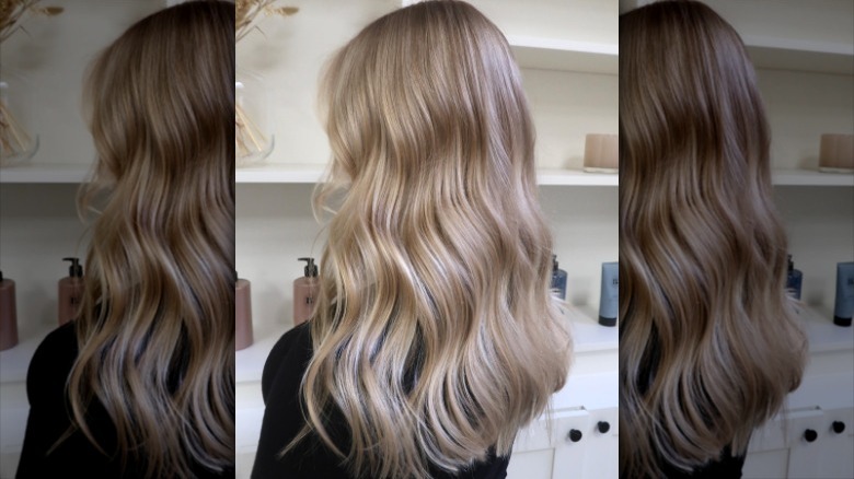 woman with blonde hair, highlights, and midlights