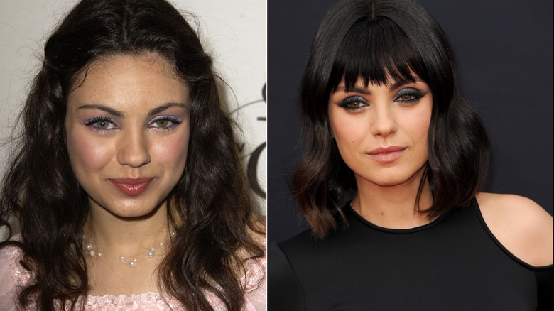 Mila Kunis with different hairstyles, including natural curls and a lob