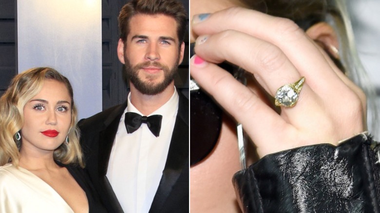 Miley Cyrus and Liam Hemsworth at an Oscars party, and a close-up of her ring