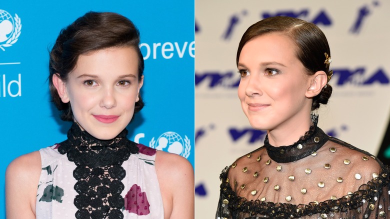 Millie Bobby Brown with short hair in 2016 and 2017.