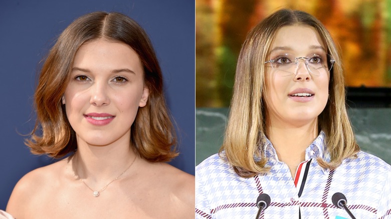 Millie Bobby Brown with a bob haircut in 2018 and 2019.