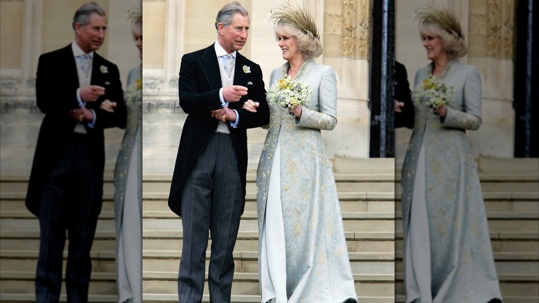 King Charles and Queen Camilla standing next to each other after their wedding in Berkshire, England.