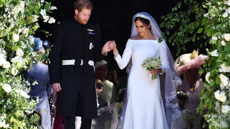 Prince Harry and Meghan Markle leaving their wedding ceremony at Windsor Castle.
