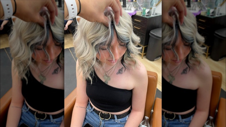 Black money piece platinum blond hair