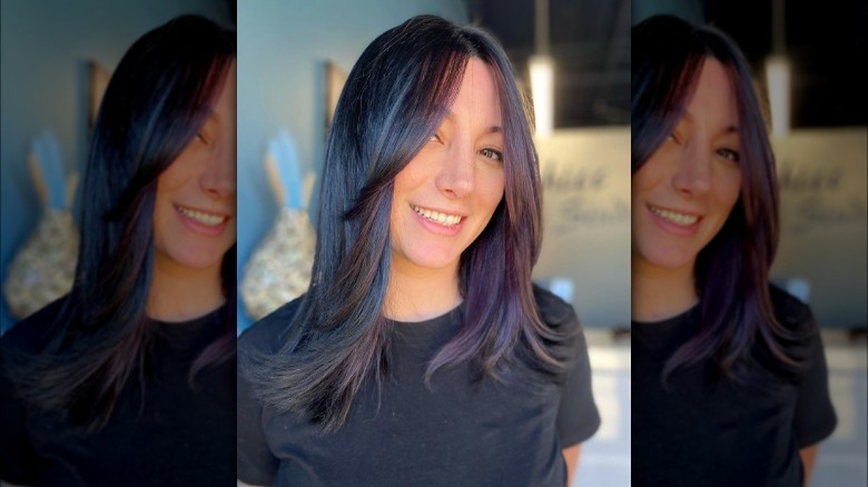 Eggplant money piece dark brown hair