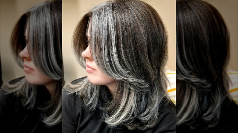 Gray money piece on brown hair