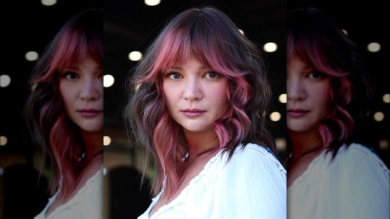 Pink money piece dark brown hair