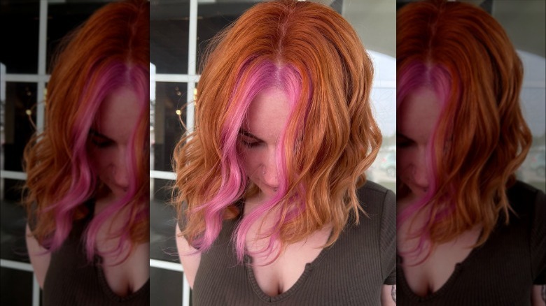 Pink money piece on ginger hair