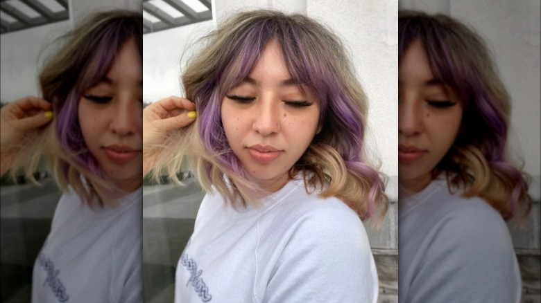 Purple money piece dark blond hair