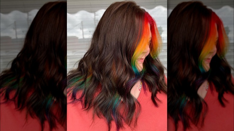 Rainbow money piece on brown hair