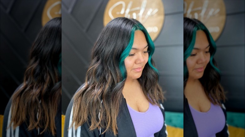 Teal money piece dark brown hair