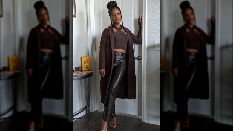 Woman wearing dark brown outfit