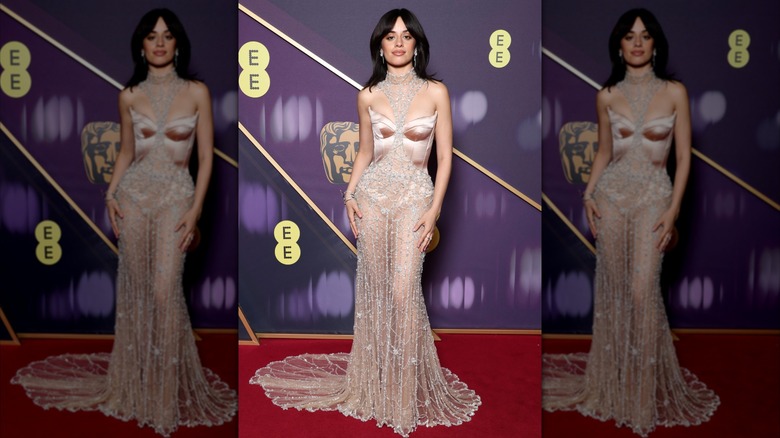 Camila Cabello stands on the 2025 BAFTA red carpet