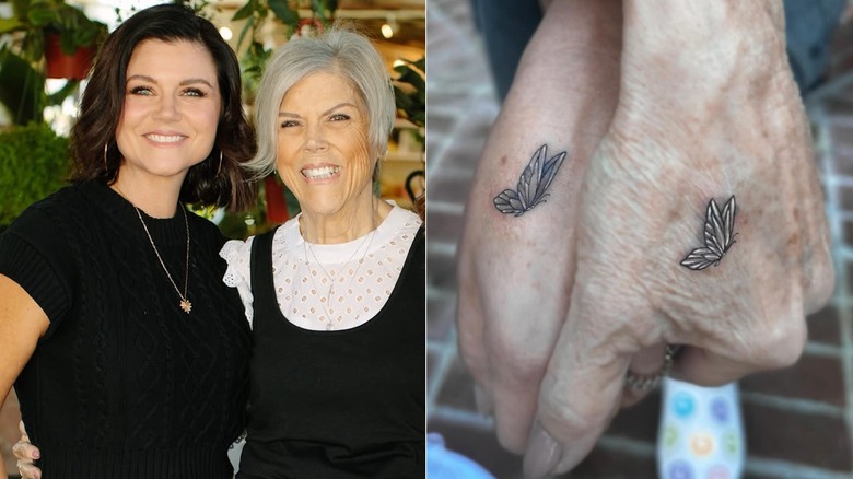 Tiffani Thiessen and mom, Robyn Thiessen with butterfly tattoos january 2024
