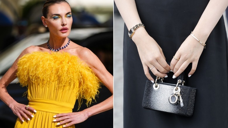 Two women wearing white nails with a yellow dress and a black dress