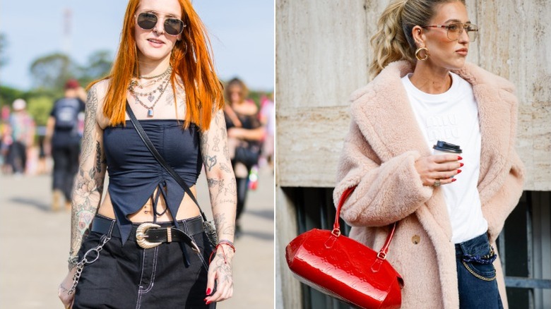 Two women wearing cherry red nail polish with summer and winter outfits