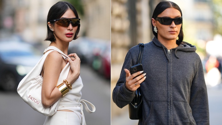 Two people wearing chrome nails with light and dark outfits