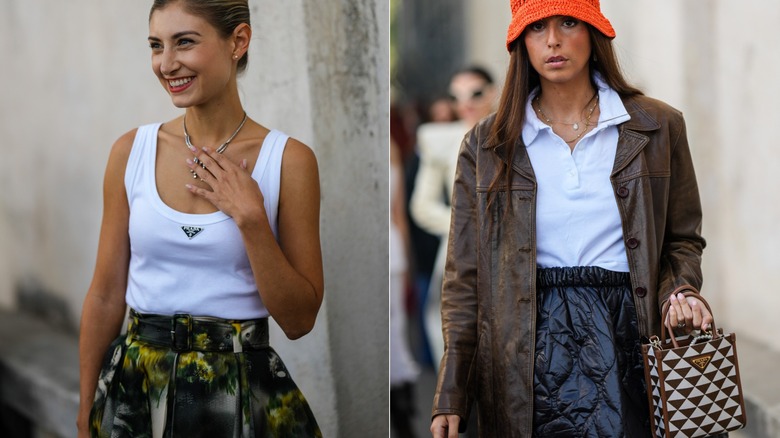 Close up of women with nude nails and their outfits.