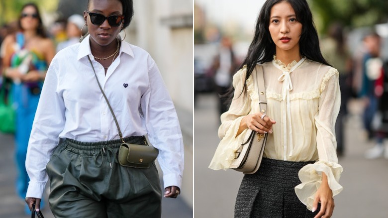 Two women with pale pink nails wearing neutrals