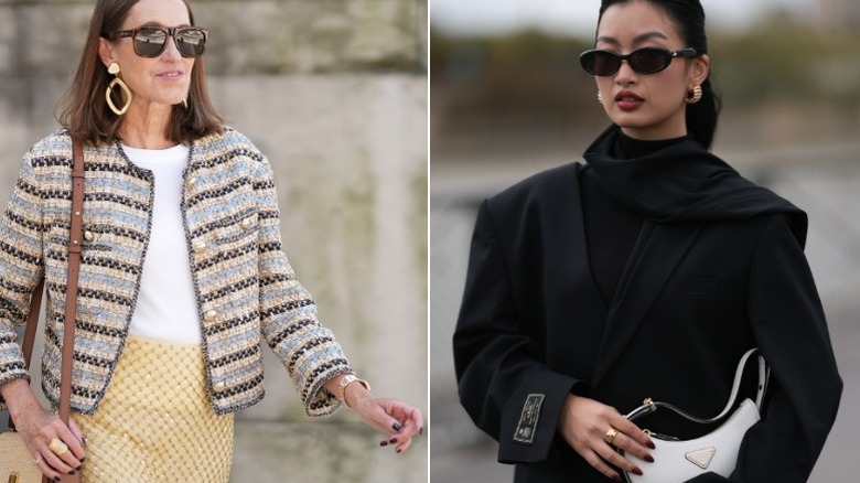 Two women wearing vampy nail polish with light and dark outfits