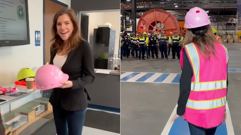 Nancy Mace in a construction outfit with a pink hat