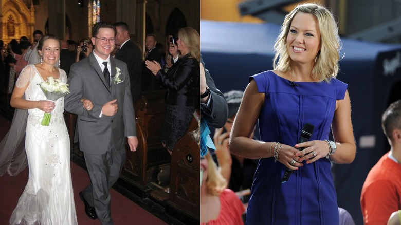 A photo of Dylan Dreyer walking with her husband at their wedding and one of her in a blue dress