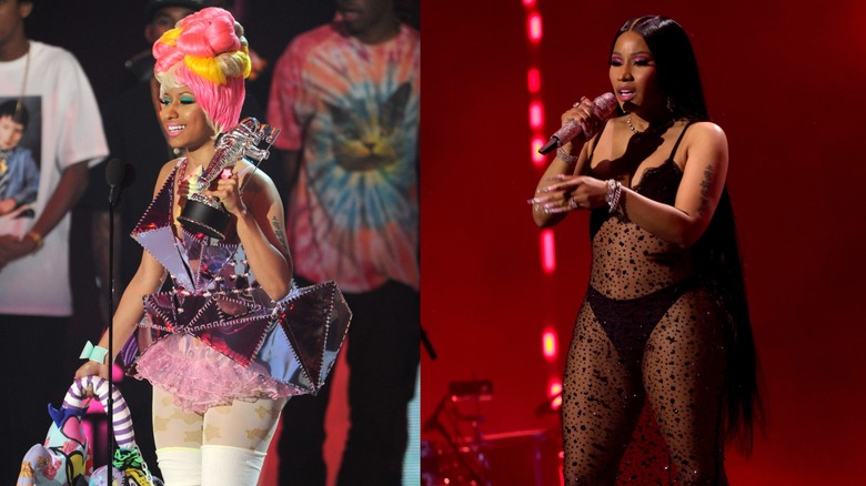 Nicki Minaj on the stage at the VMAs in 2011 and 2023