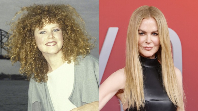 A side-by-side image of Nicole Kidman young with her natural strawberry curls next to Nicole Kidman in 2025 with long straight blond hair