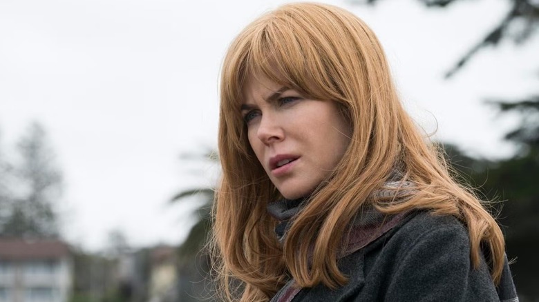 Nicole Kidman acting in "Big Little Lies" with a reddish wig that has bottleneck bangs