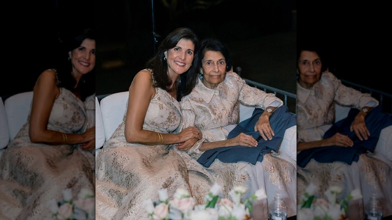 Nikki Haley with her mother, both in matching white and gold dresses