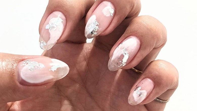 pale pink nails with silver detail