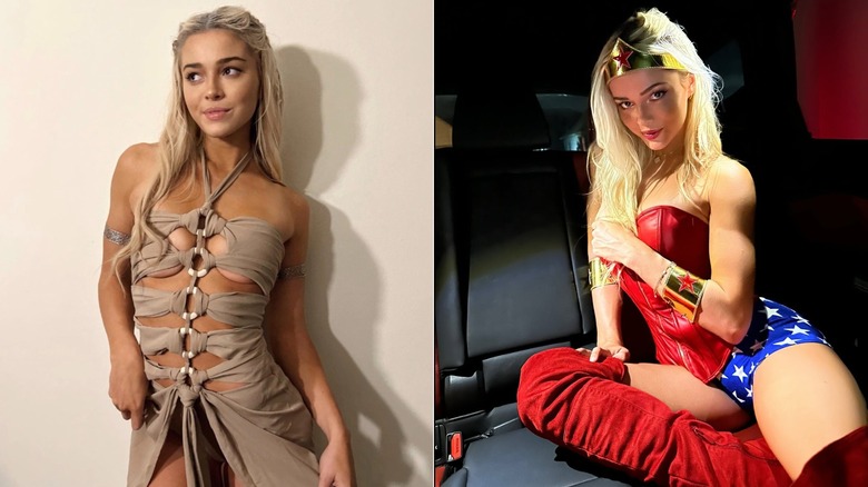 Olivia "Livvy" Dunne wearing a "Game of Thrones" Halloween costume on the left and a Wonder Woman costume on the right