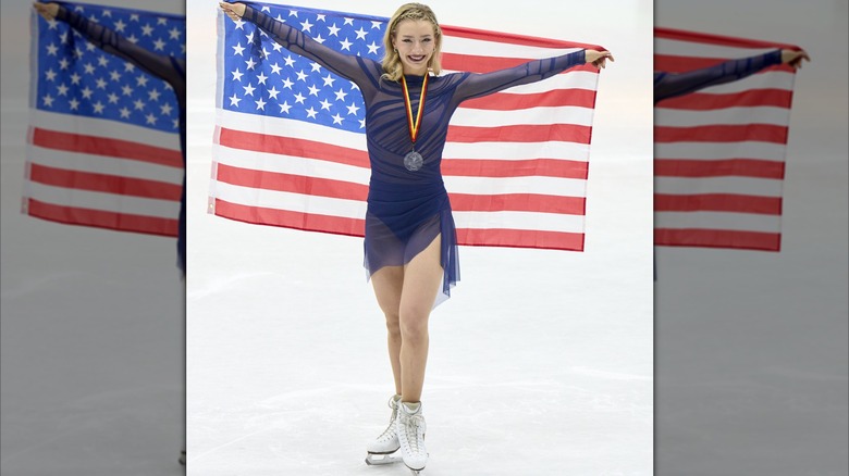 Amber Glenn of the United States (1st Place women) at the winners ceremony during the Figure Skating Nebelhorn Trophy at Eissportzentrum on September 27, 2025 in Oberstdorf, Germany