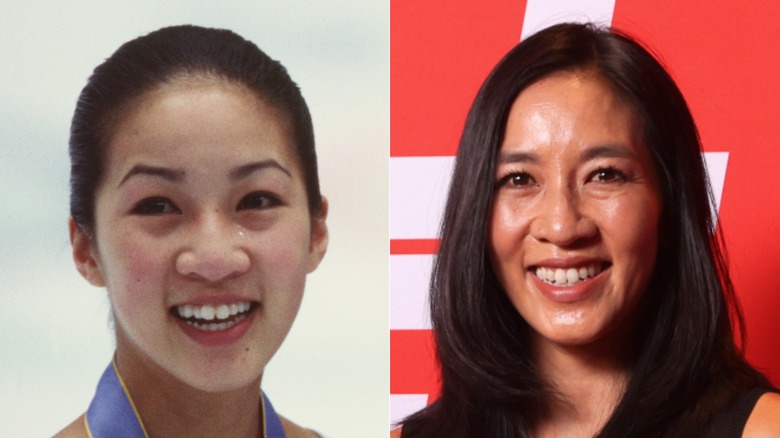 L: US figure skaters Michelle Kwan and Tara Lipinski pose with Chinese skater Lu Chen after receiving their medals at the 1998 Winter Olympic games ; R: Michelle Kwan is inducted into the 2022 U.S. Olympic & Paralympic Committee Hall Of Fame on June 24, 2022