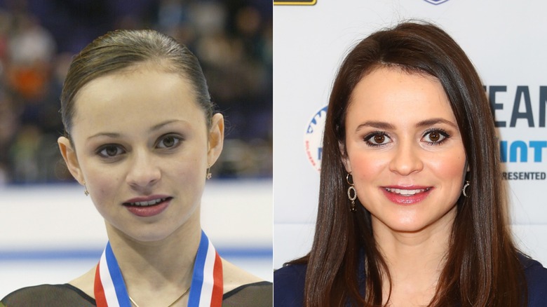 L: Sasha Cohen of the USA poses for photographers after receiving her silver medal from the State Farm U.S. Figure Skating Championships on January 12, 2002 ; R: U.S. Olympian Sasha Cohen poses for a photo during the Team USA WinterFest