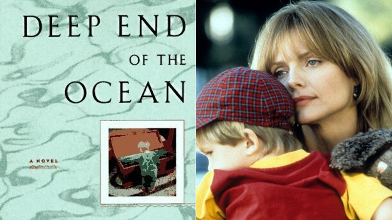 A side-by-side image showing the book cover of "The Deep End of the Ocean" on the left and Michelle Pfeiffer as Beth Cappadora in the film version on the right