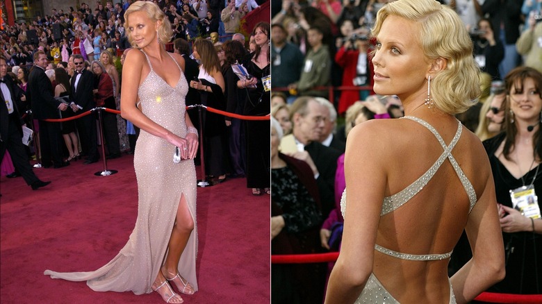 Charlize Theron in a silver dress at the 2004 Oscars