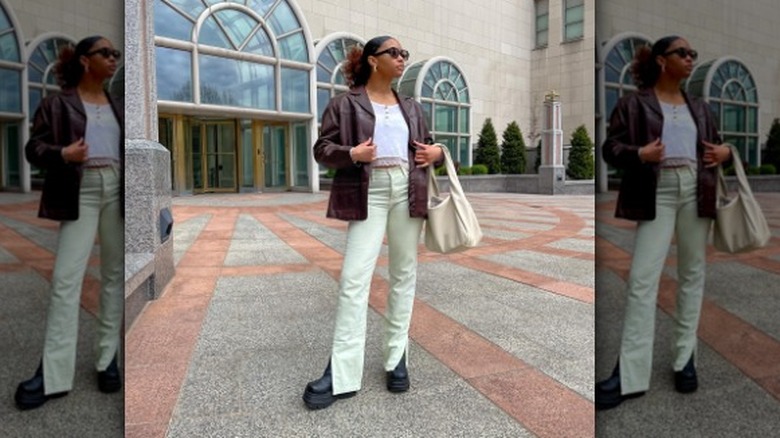 Pastel green split-hem jeans outfit