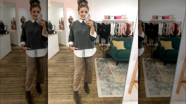 layered outfit plaid pants