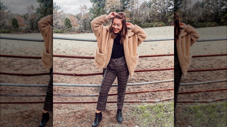 cardigan with plaid pants