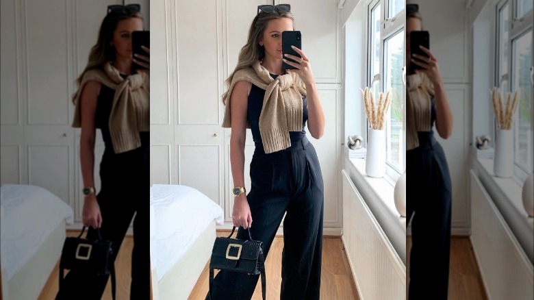 Black outfit with brown sweater 