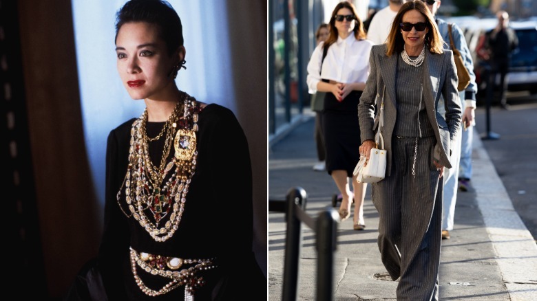 Tina Chow wearing layered necklaces and a chain belt in '84, and a woman in Milan wearing a modern interpretation