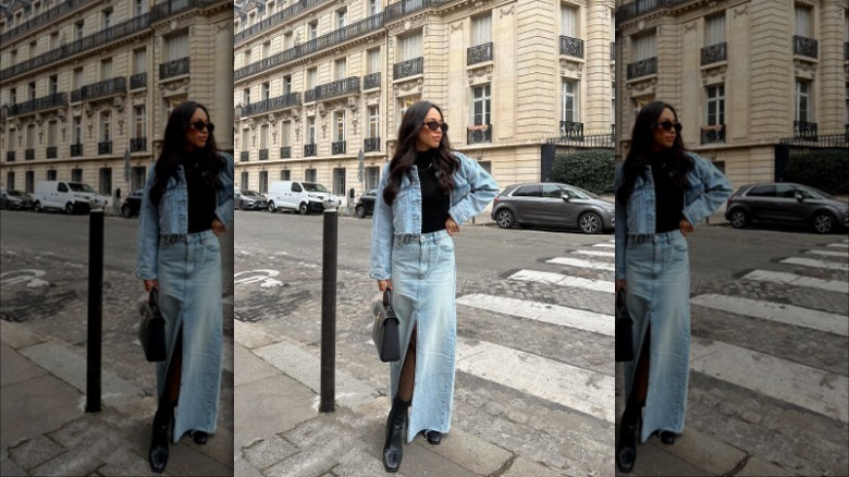woman wearing denim midi skirt and black shirt