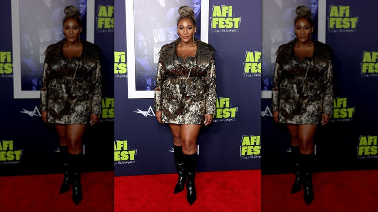 Gold dress black patent leather knee high boots