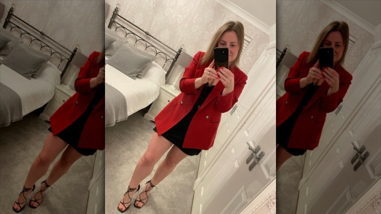 Red blazer black dress