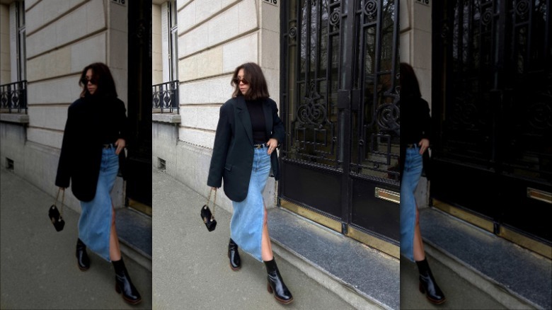 woman with black blazer and denim midi skirt