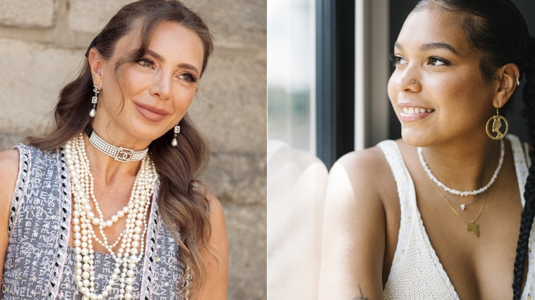 A middle-aged woman wearing matching pearl necklaces and earrings next to a woman wearing gold and gemstone jewelry