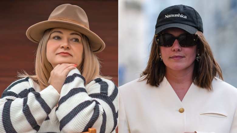 A middle-aged woman wearing a sweater and a fedora next to a middle-aged woman in a cap